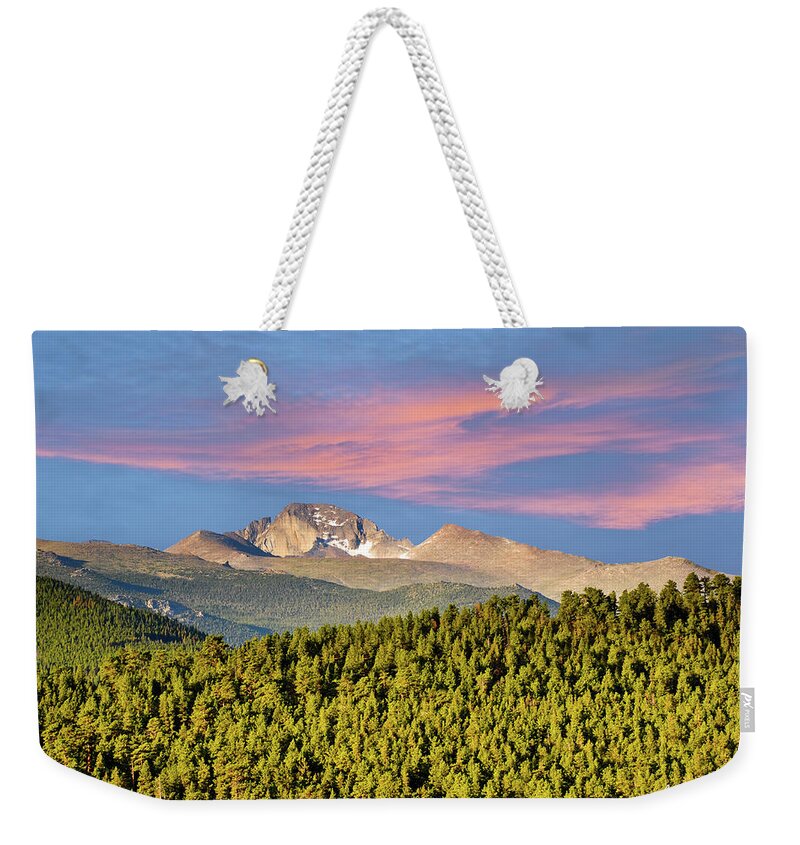 Beauty In Nature Weekender Tote Bag featuring the photograph Longs Peak at Sunrise by Jeff Goulden