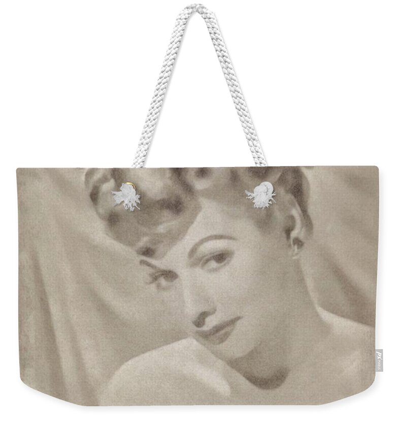 Cinema Weekender Tote Bag featuring the pastel Lucille Ball, Vintage Hollywood Actress #1 by Esoterica Art Agency