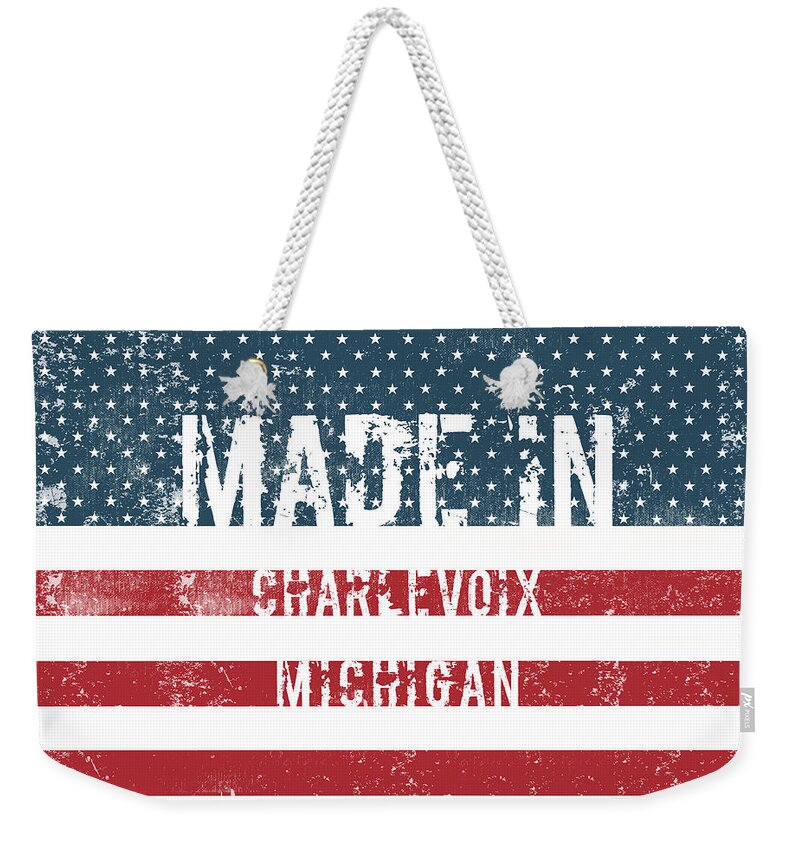 Charlevoix Weekender Tote Bag featuring the digital art Made in Charlevoix, Michigan #1 by Tinto Designs