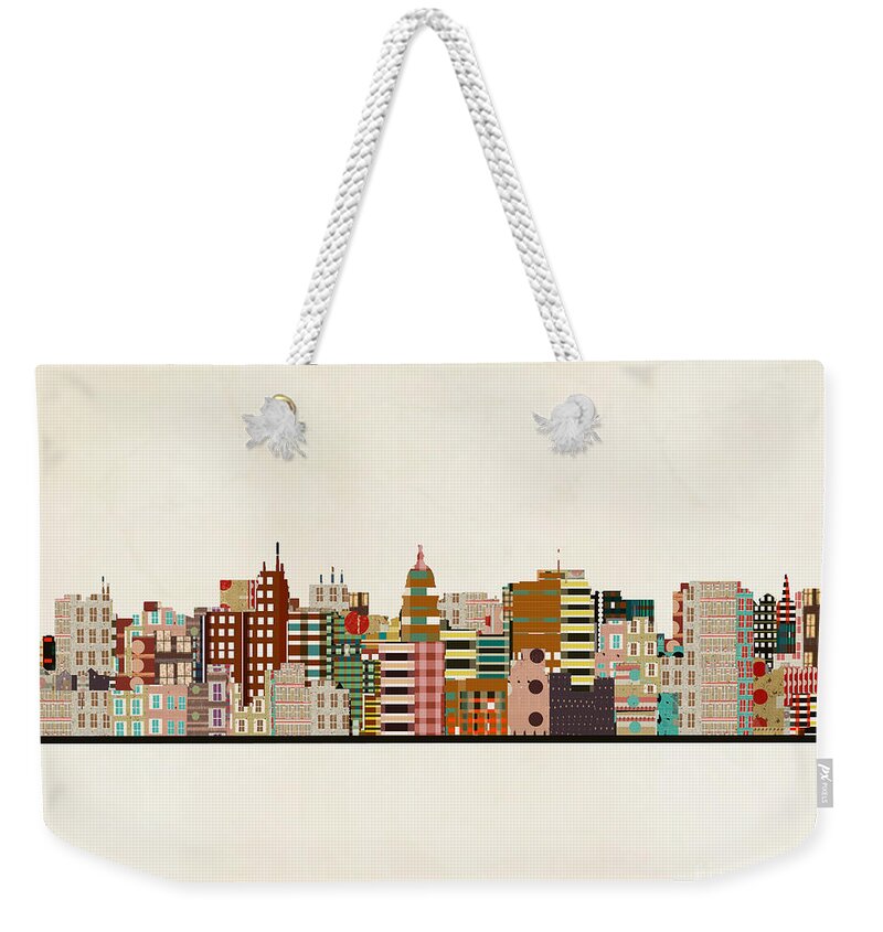 Madison Weekender Tote Bag featuring the painting Madison Skyline #1 by Bri Buckley