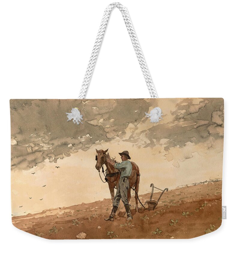 Winslow Homer Weekender Tote Bag featuring the drawing Man with Plow Horse #1 by Winslow Homer