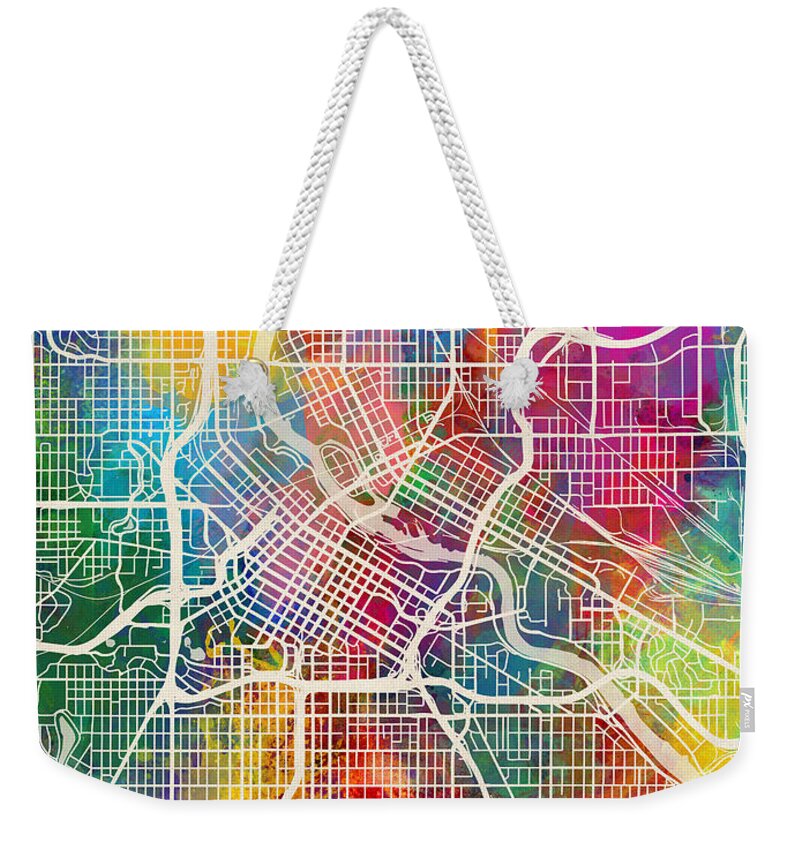 Minneapolis Weekender Tote Bag featuring the digital art Minneapolis Minnesota City Map by Michael Tompsett
