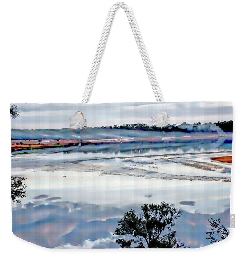Misty Weekender Tote Bag featuring the photograph Misty Morning on Spring Lake #1 by Gina O'Brien