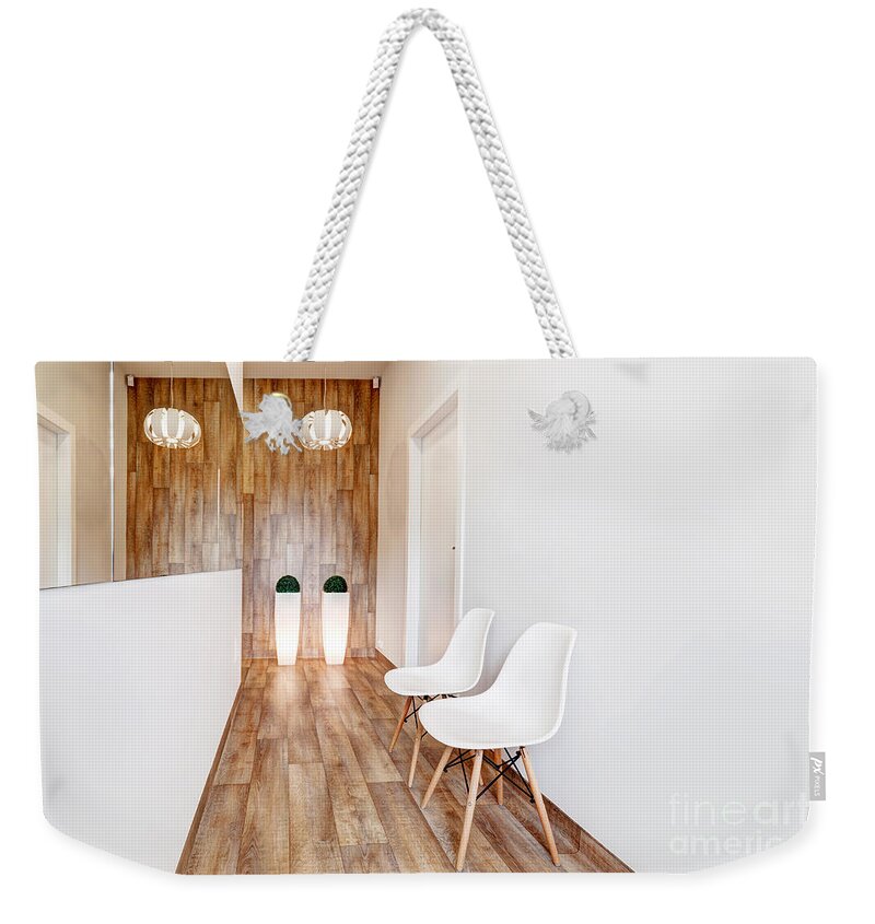 Waiting Weekender Tote Bag featuring the photograph Modern waiting room, reception. Cozy minimalistic interior #1 by Michal Bednarek