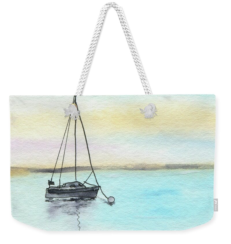 Moored Sailboat Water Marina Harbor Sea Art Painting Watercolor Bay Sky Evening Ocean Light Lake Silhouette Reflection Calm Boat Blue Yacht Seascape Port Peaceful Outdoors Moorings Horizon Dusk Clouds Still Solitude Scene Relaxing Orange Nautical Beauty Waterscape Vessel Vertical Tranquil Stillness Seafaring Kyllo Romantic Pink Peacefulness Morning Mooring Mirror Maritime Idyllic Holiday Golden Glimmering Day Dawn Clear Calming Boating Beautiful Anchored Weekender Tote Bag featuring the painting Moored Sailboat #1 by R Kyllo