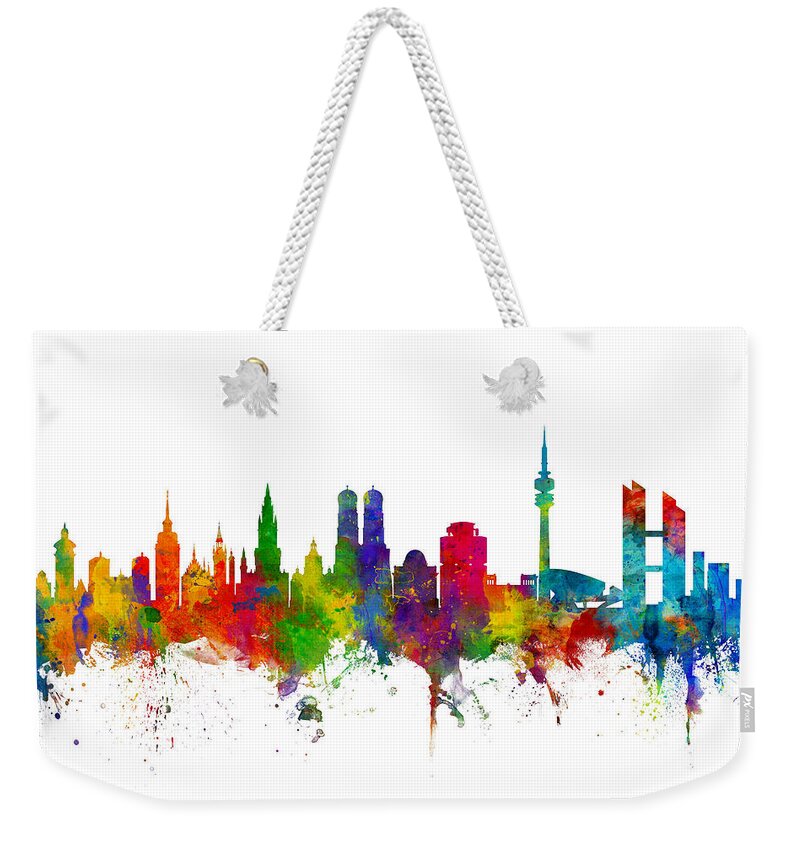 City Skyline Weekender Tote Bag featuring the digital art Munich Germany Skyline #1 by Michael Tompsett