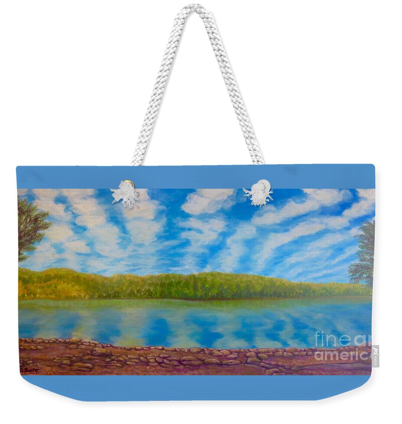 Serene Painting Fort Loudon Lake Reflection On Bright Blue Lake Water Nature Scene Lake Paintings Acrylic Paintings Weekender Tote Bag featuring the painting My Serenity Lies in a Place Between Heaven and Earth #1 by Kimberlee Baxter