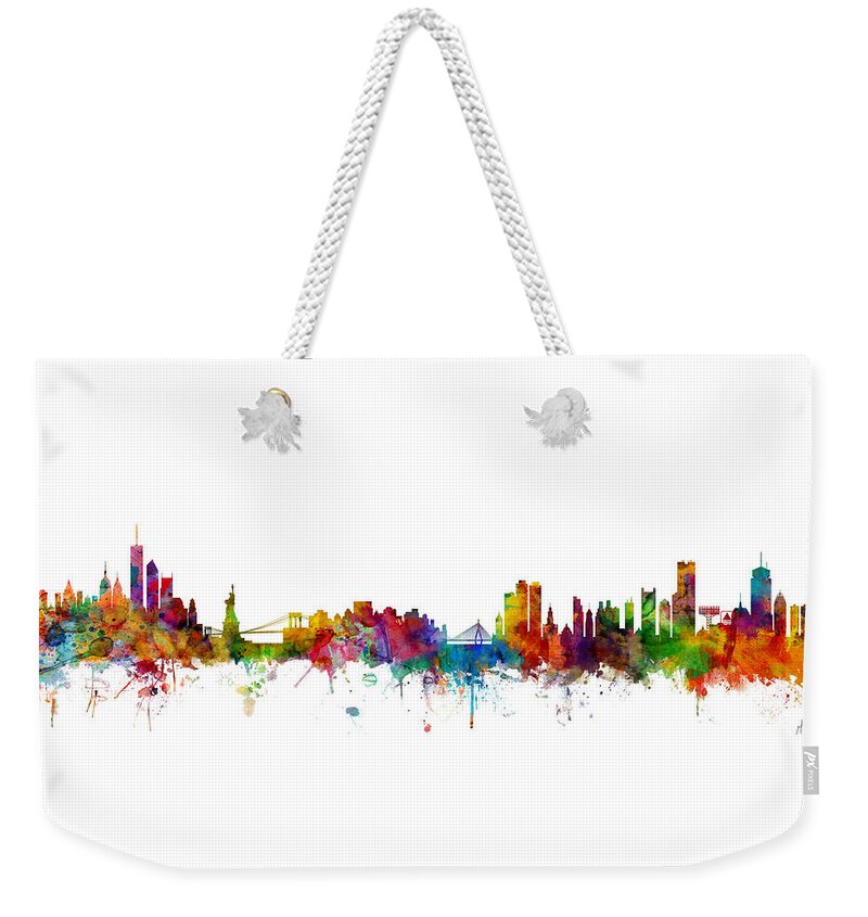 Boston Weekender Tote Bag featuring the digital art New York And Boston Skyline Mashup by Michael Tompsett
