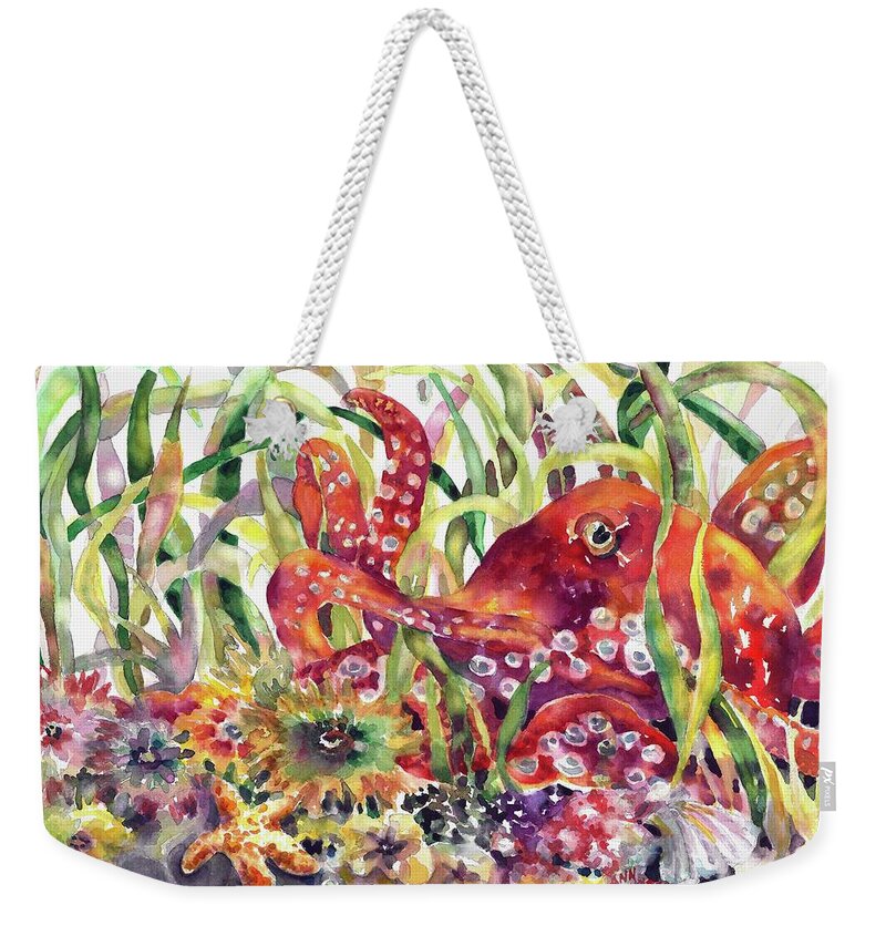 Bright Weekender Tote Bag featuring the painting Octopus Garden #1 by Ann Nicholson