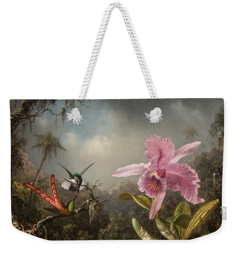 Orchid With Two Hummingbirds Weekender Tote Bag featuring the painting Orchid with Two Hummingbirds #1 by Martin Johnson Heade