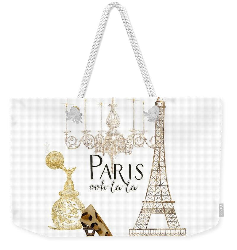 Fashion Weekender Tote Bag featuring the painting Paris - Ooh la la Fashion Eiffel Tower Chandelier Perfume Bottle by Audrey Jeanne Roberts