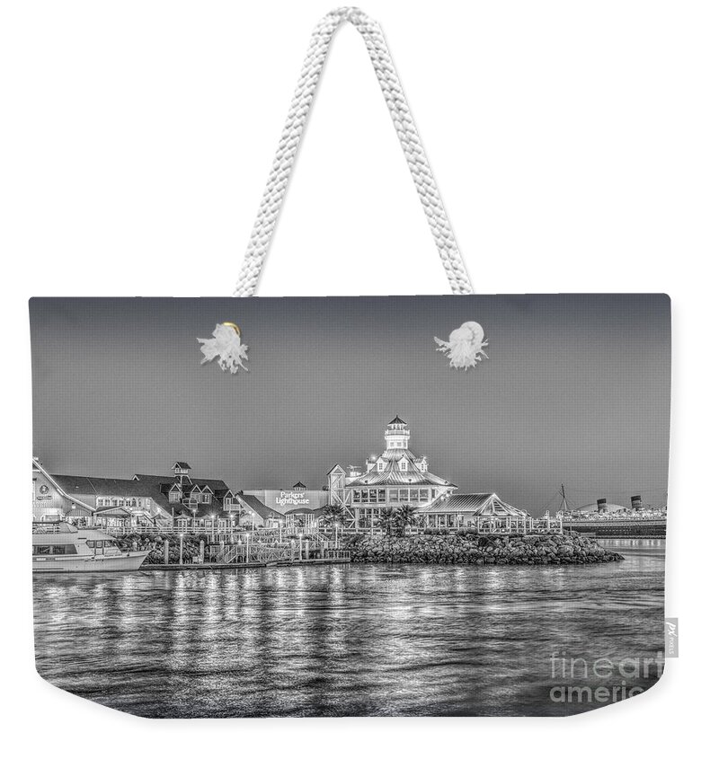 Lighthouse Weekender Tote Bag featuring the photograph Parkers Lighthouse BW Shoreline Village by David Zanzinger