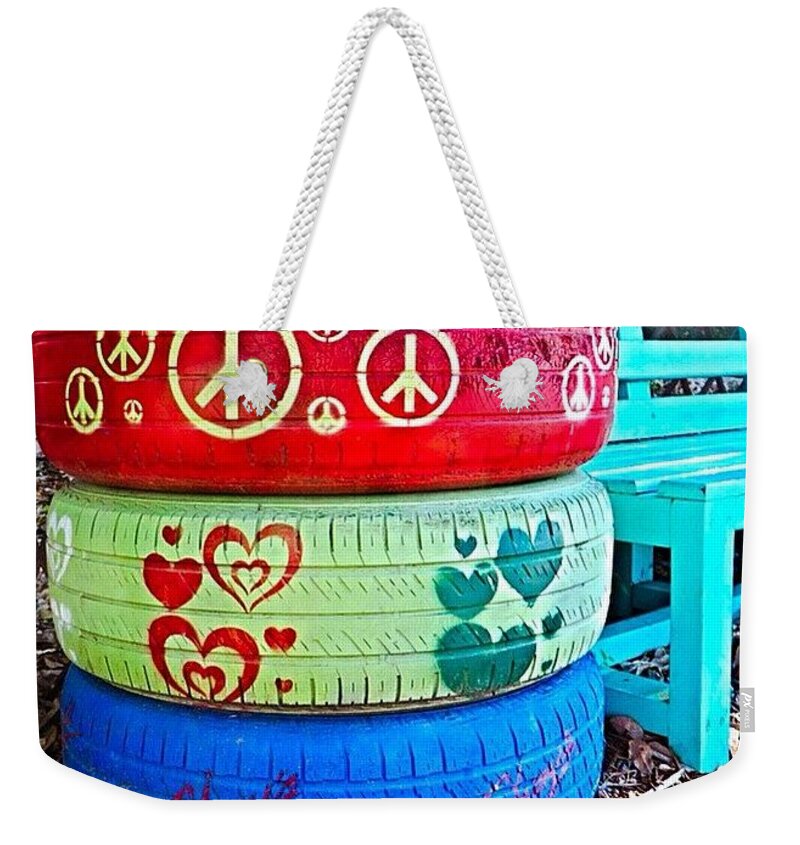 Keepaustinweird Weekender Tote Bag featuring the photograph #peace, #love, #chuy's And #happy #1 by Austin Tuxedo Cat