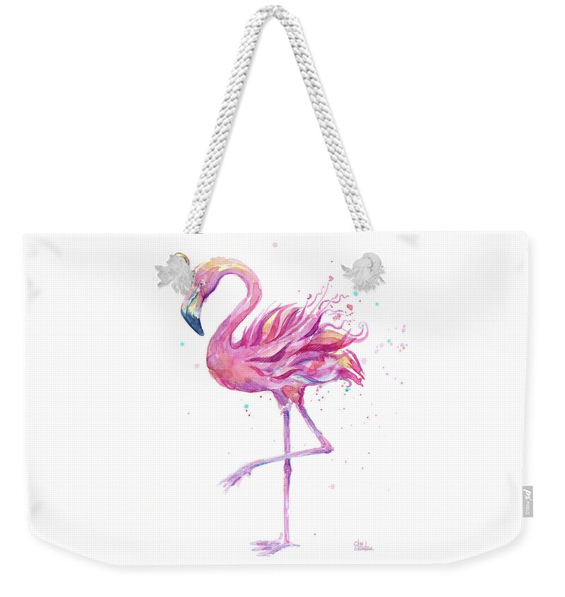 Flamingo Weekender Tote Bag featuring the painting Pink Flamingo Watercolor #2 by Olga Shvartsur