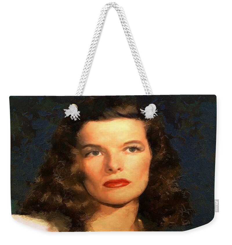 Portrait Weekender Tote Bag featuring the digital art Portrait of Katherine Hepburn #1 by Charmaine Zoe