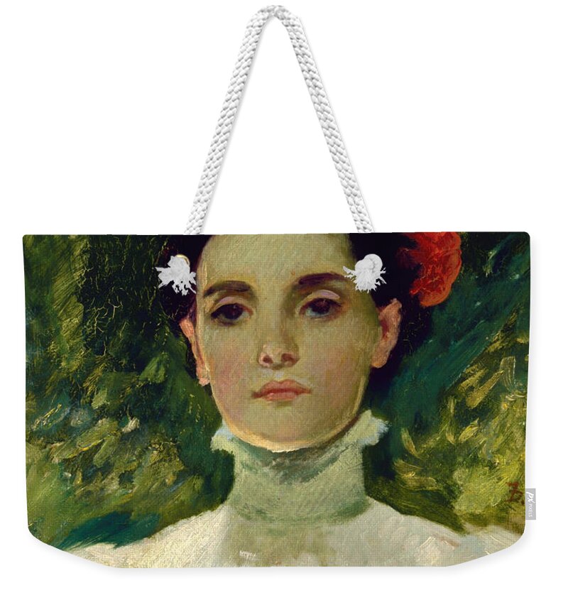 Painting Weekender Tote Bag featuring the painting Portrait of Maggie Wilson #1 by Mountain Dreams