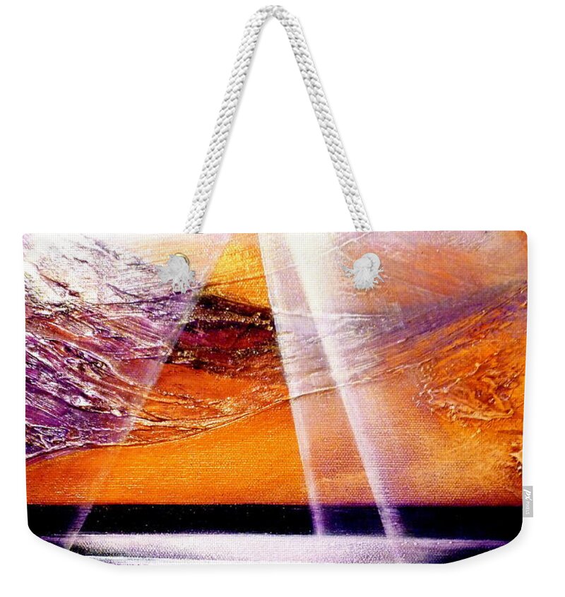 Landscape.light.sunrise.beach.sea Weekender Tote Bag featuring the painting Pray #6 by Kumiko Mayer