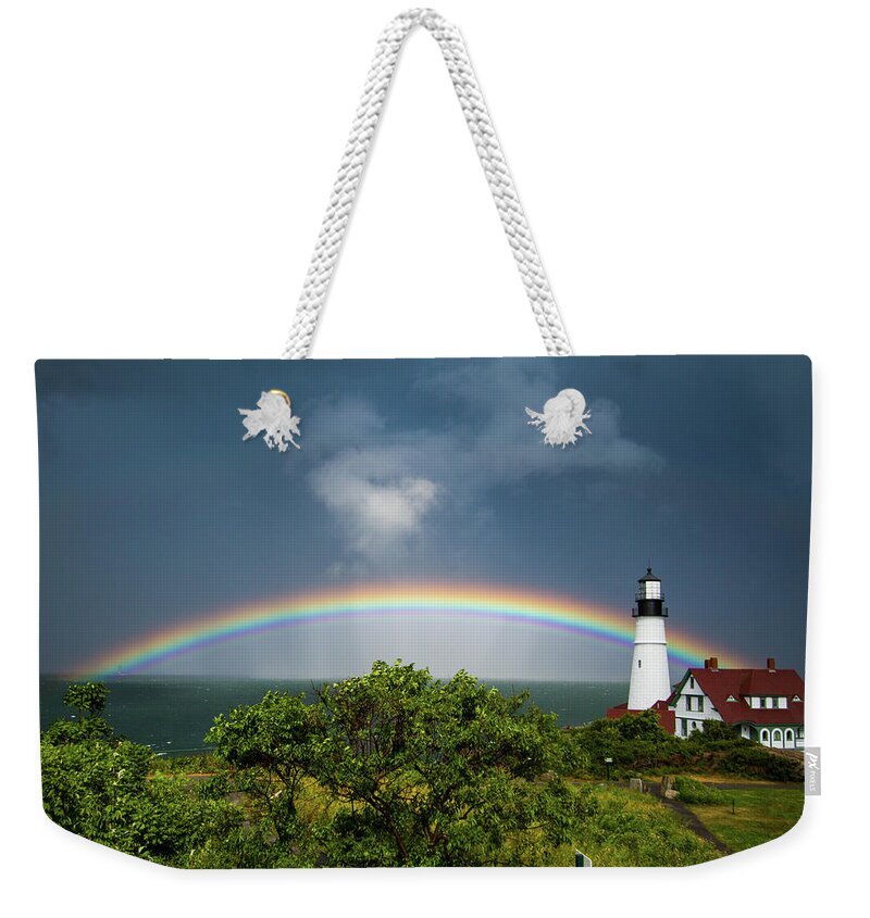 Portland Headlight Weekender Tote Bag featuring the photograph Rainbow at Portland Headlight by Darryl Hendricks