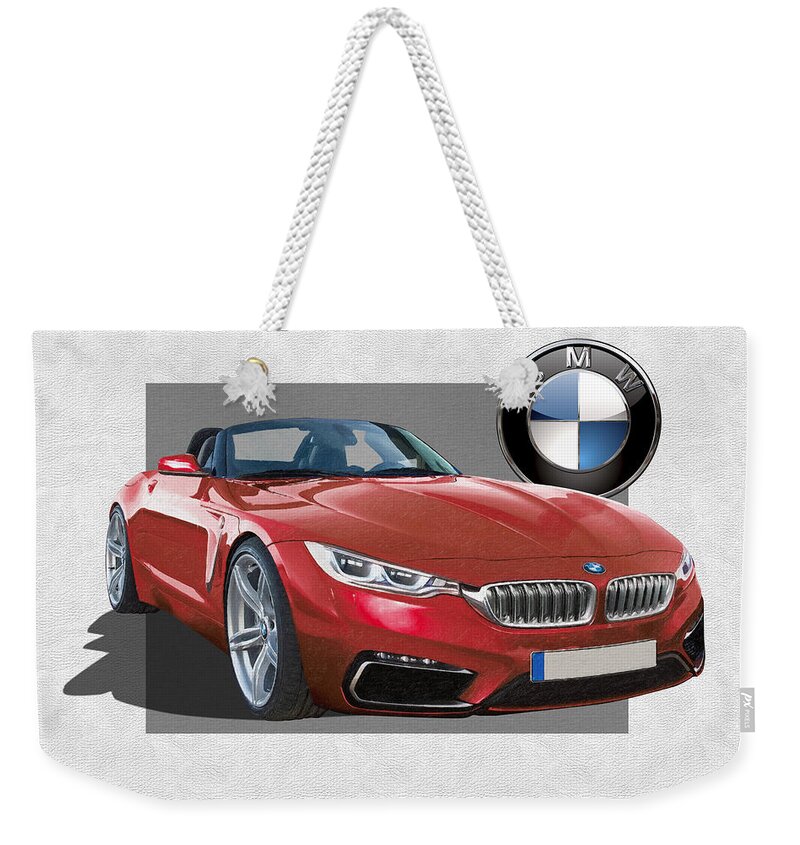 �bmw� Collection By Serge Averbukh Weekender Tote Bag featuring the photograph Red 2018 B M W Z 5 with 3 D Badge by Serge Averbukh