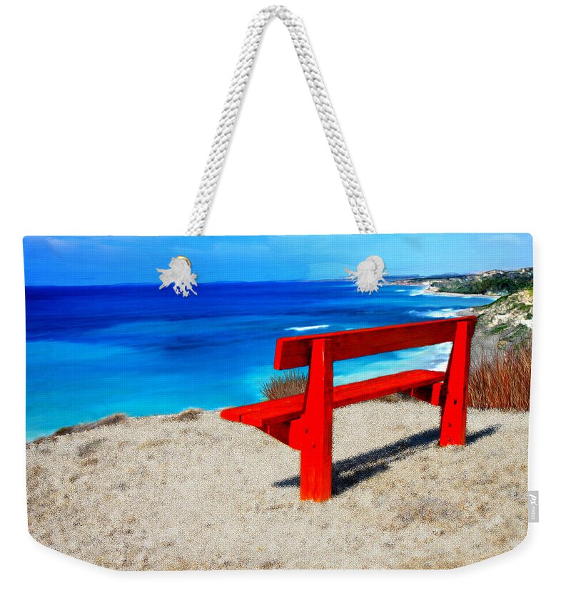 Beach Weekender Tote Bag featuring the painting Red Bench on the Beach #1 by Bruce Nutting