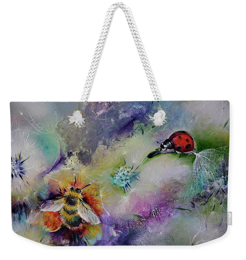 Ladybug Weekender Tote Bag featuring the painting Rendezvous, Ladybug and Bumble-bee on Dandelions #1 by Soos Roxana Gabriela