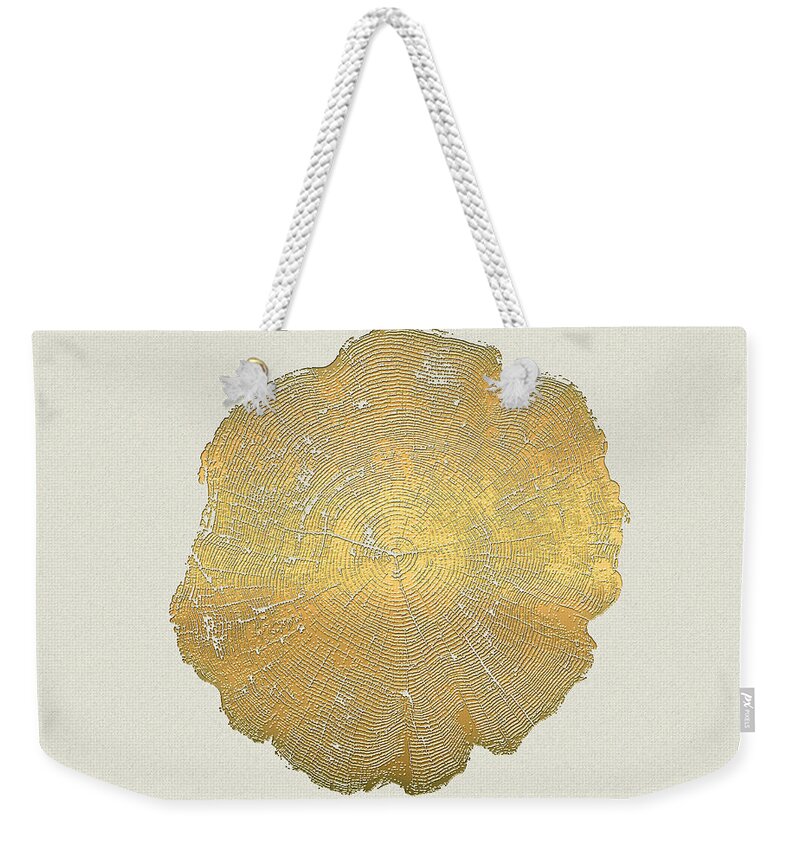 Inconsequential Beauty By Serge Averbukh Weekender Tote Bag featuring the photograph Rings of a Tree Trunk Cross-section in Gold on Linen #2 by Serge Averbukh