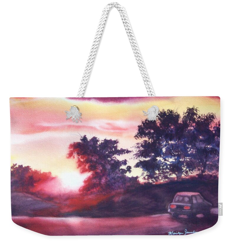 Sunset Weekender Tote Bag featuring the painting Road to Fargo #1 by Marilyn Jacobson