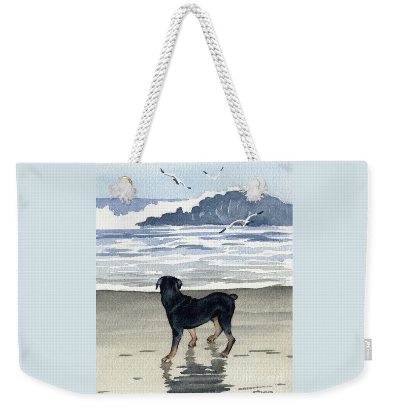 Rottweiler Weekender Tote Bag featuring the painting Rottweiler at the Beach by David Rogers