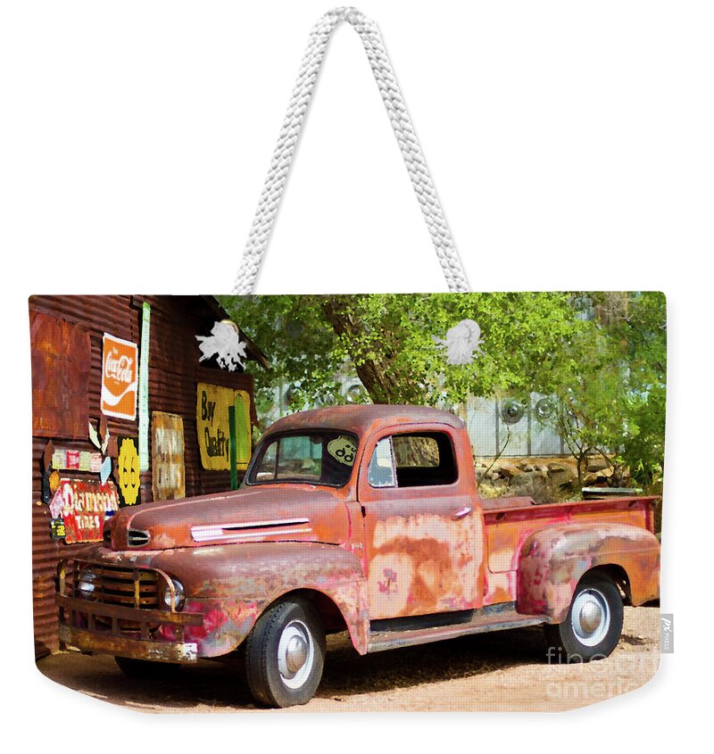 Route 66 Weekender Tote Bag featuring the pastel Route 66 Highway Signs Motels Gas Stations and Art Deco Architec #1 by ELITE IMAGE photography By Chad McDermott