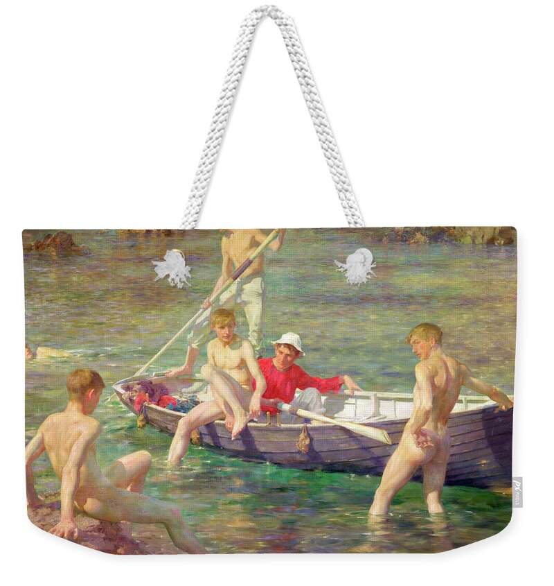 Henry Scott Tuke Weekender Tote Bag featuring the painting Ruby Gold and Malachite by Henry Scott Tuke