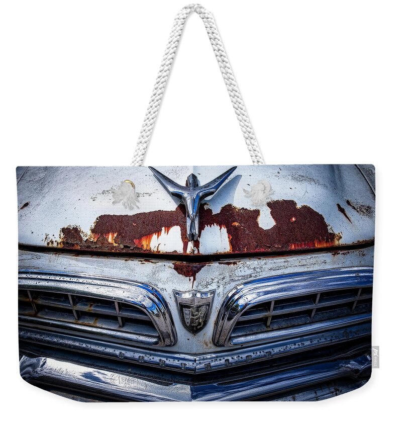 Car Photograph Junk Rust Classic Car Photographer Best Car Photography Automotive Transportation Car Photos Abstract Car Detail Vintage Drag Cars Collector Cars Emblems Car Emblem Signs Neon Buildings Weekender Tote Bag featuring the photograph Rusty #1 by Jerry Golab