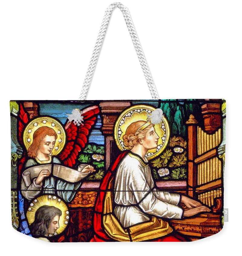 Stained Glass Weekender Tote Bag featuring the glass art Saint Cecilia #1 by Munir Alawi