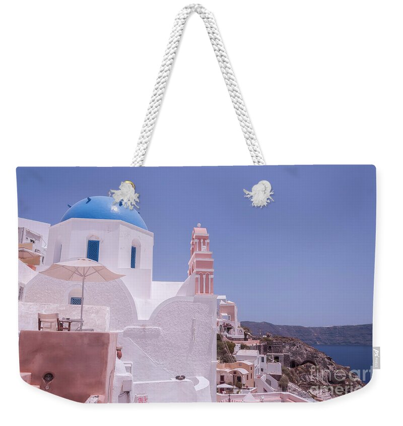 Greece Weekender Tote Bag featuring the photograph Santorini Oia Blue Domed Church #1 by Antony McAulay