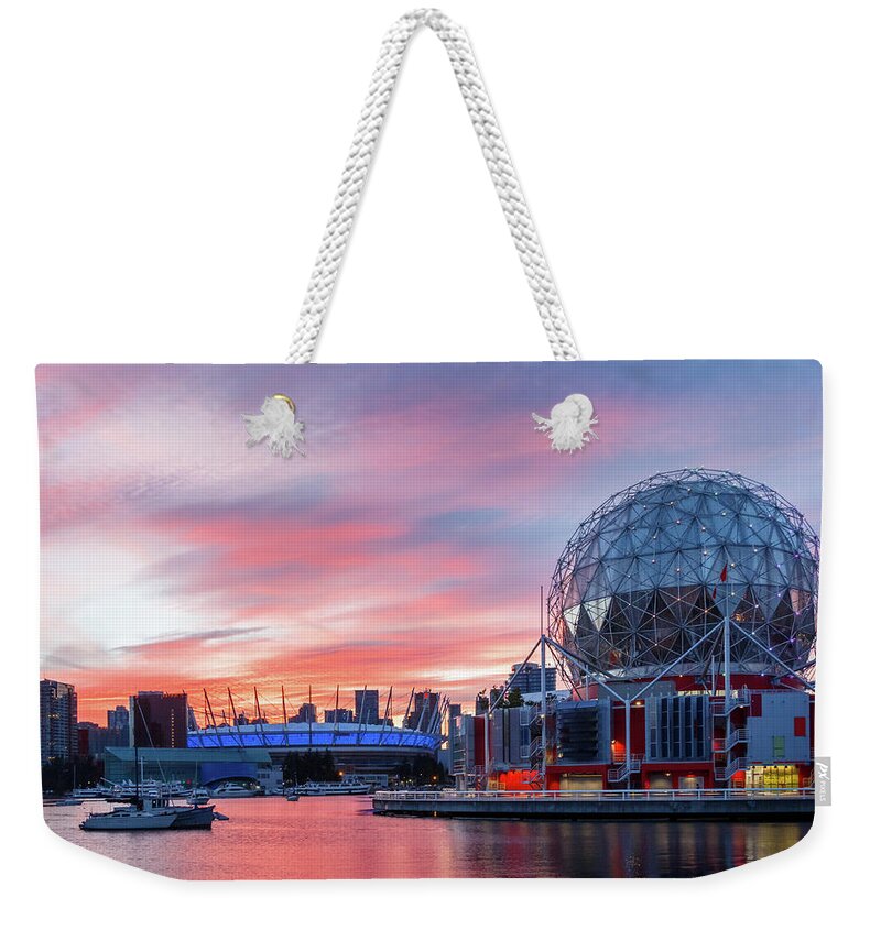 Canada Weekender Tote Bag featuring the photograph Science World and BC Place Stadium at Sunset. Vancouver, BC #1 by Rick Deacon