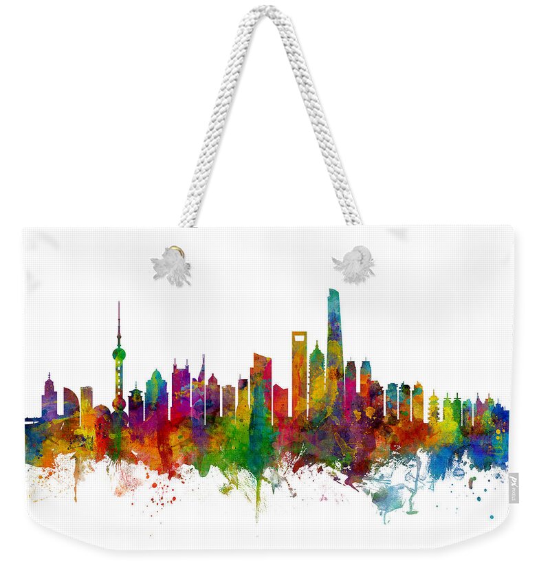 Shanghai Weekender Tote Bag featuring the digital art Shanghai China Skyline #1 by Michael Tompsett