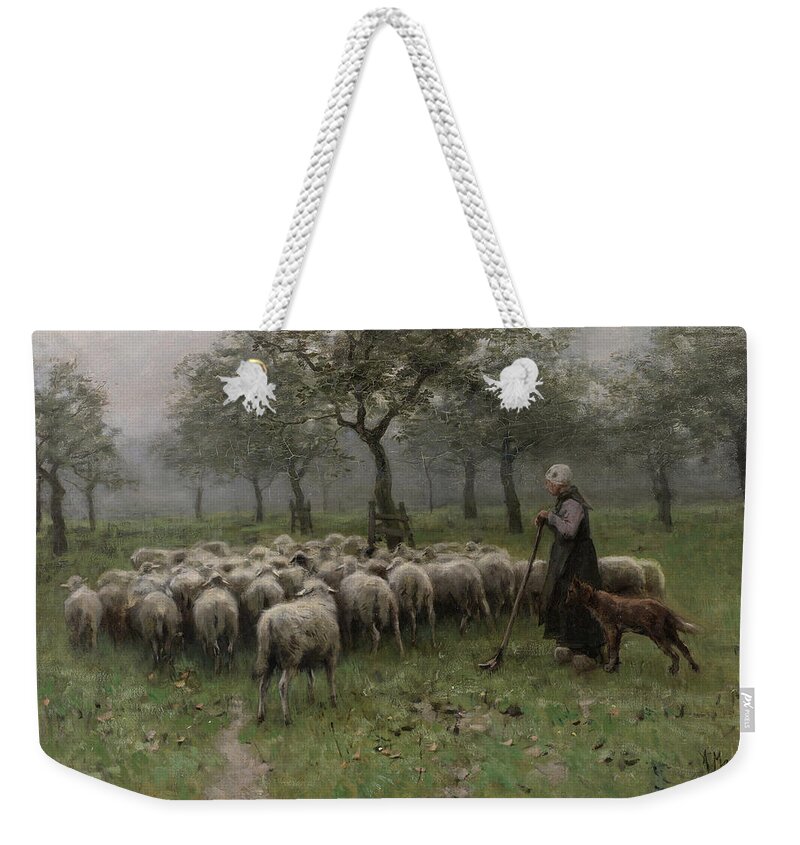 Anton Mauve Weekender Tote Bag featuring the painting Shepherdess with a Flock of Sheep #2 by Anton Mauve
