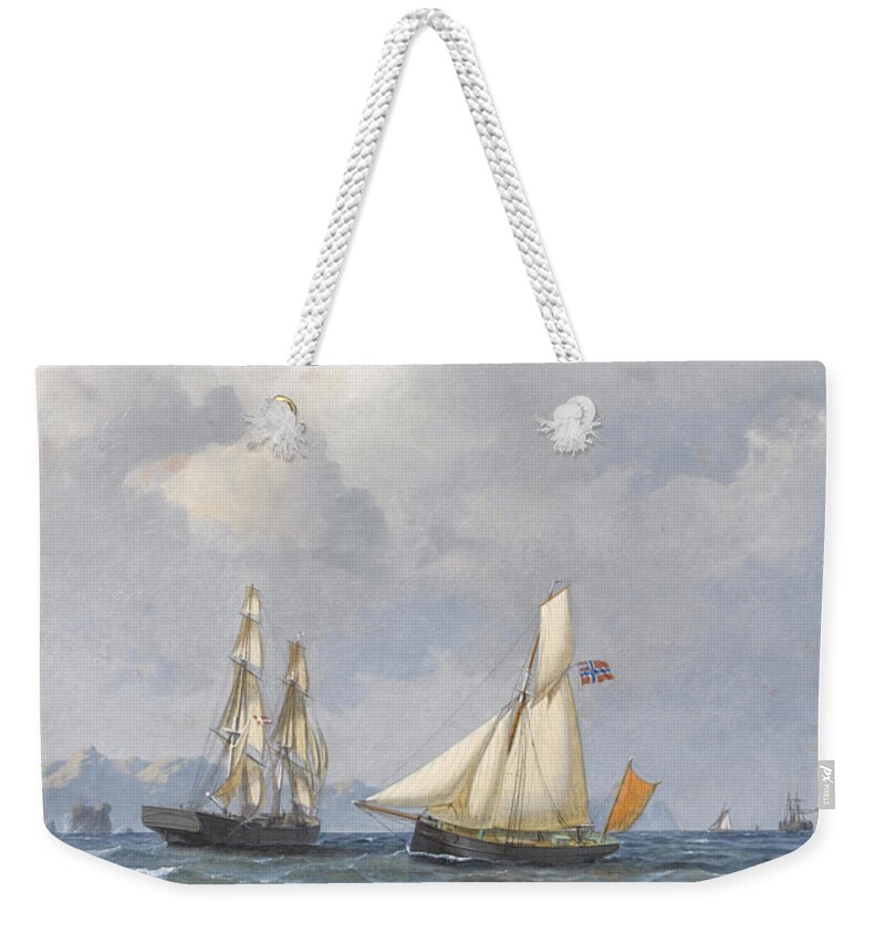 Carl Olson (1864-1940) Shipping In Norwegian Waters Weekender Tote Bag featuring the painting Shipping in Norwegian waters #1 by MotionAge Designs