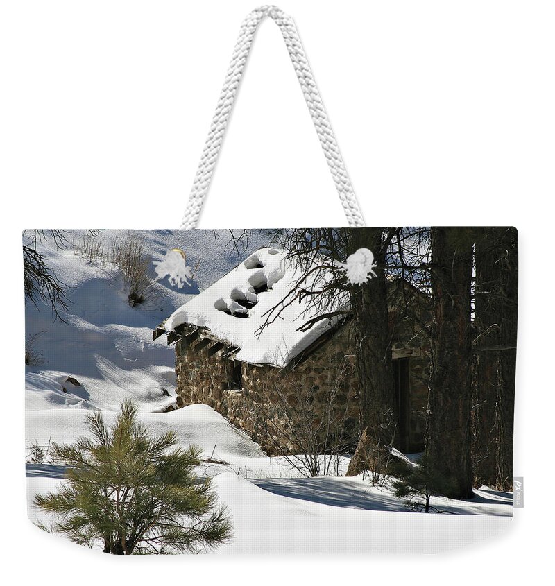 Snow Weekender Tote Bag featuring the photograph Snow Cabin by Matalyn Gardner