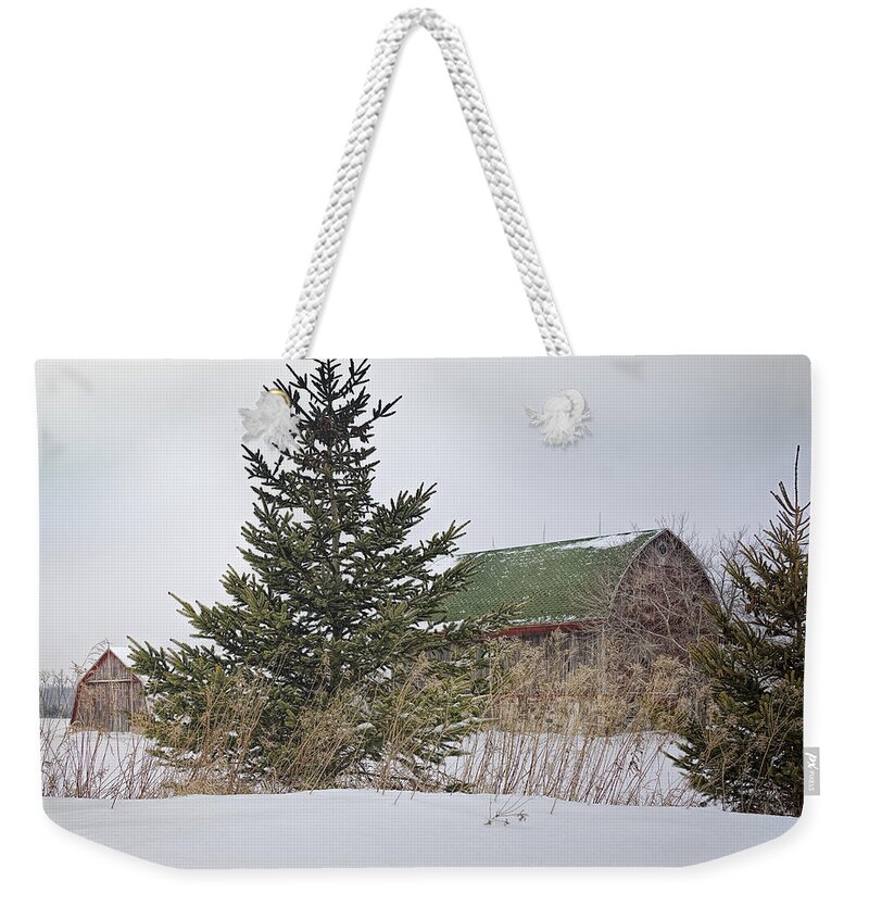 Architecture Weekender Tote Bag featuring the photograph Snow Covered Michigan Barns #1 by LeeAnn McLaneGoetz McLaneGoetzStudioLLCcom