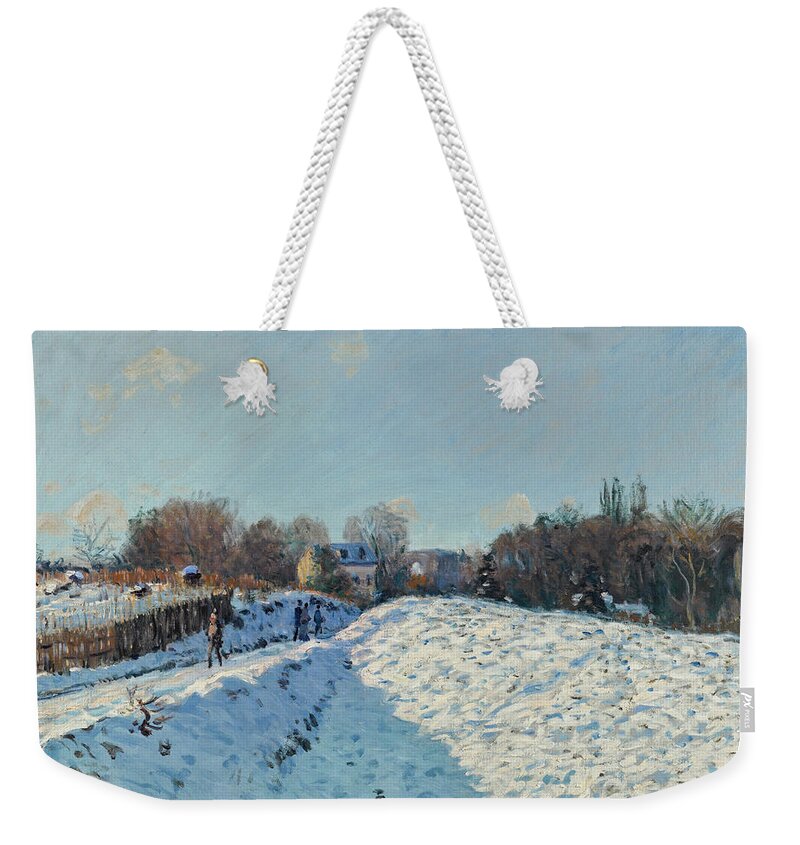 Alfred Sisley Weekender Tote Bag featuring the painting Snow Effect at Louveciennes #2 by Alfred Sisley