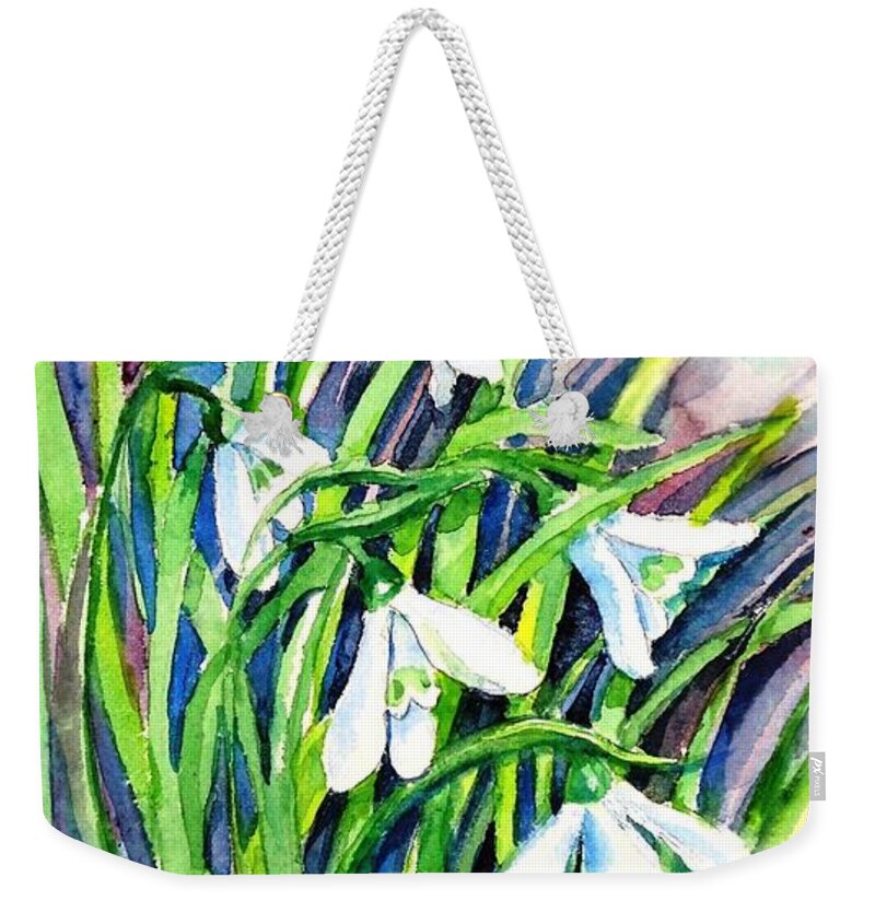 Snowdrops Weekender Tote Bag featuring the painting Snowdrops in the Wind  by Trudi Doyle