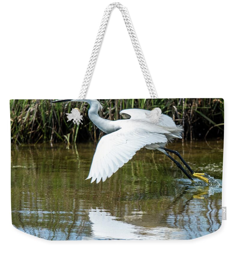Animal Weekender Tote Bag featuring the photograph Snowy Egret Takeoff #1 by William Bitman
