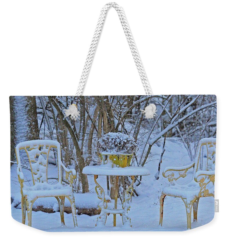 Snowy Sit A Spell Weekender Tote Bag featuring the photograph Snowy Sit a Spell by PJQandFriends Photography
