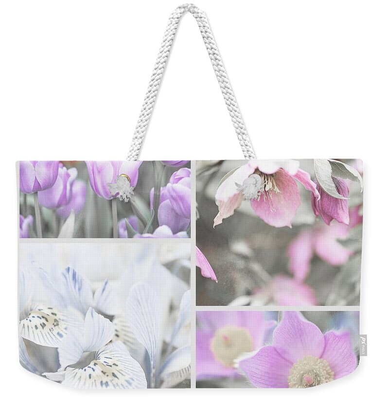 Jenny Rainbow Fine Art Photography Weekender Tote Bag featuring the photograph Spring Flower Collage. Shabby Chic Collection #1 by Jenny Rainbow