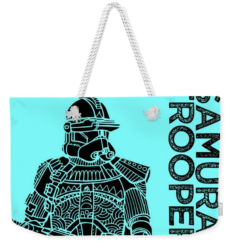 Stormtrooper Weekender Tote Bag featuring the mixed media Stormtrooper - Star Wars Art - Blue by Studio Grafiikka