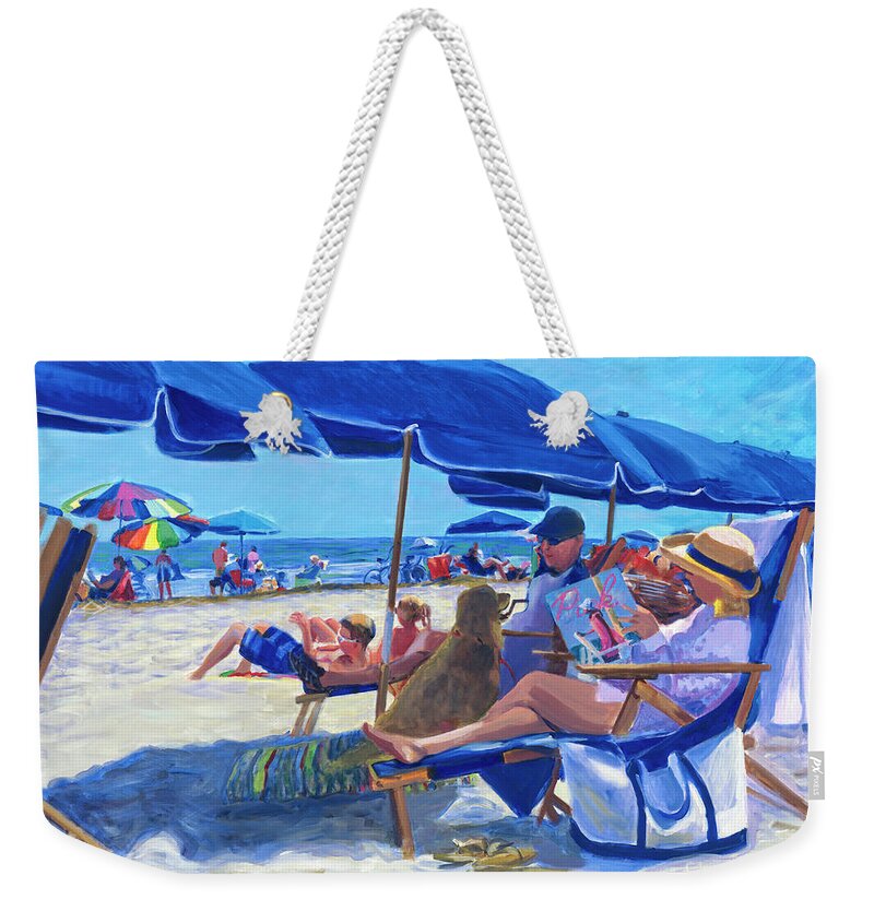 Beach Weekender Tote Bag featuring the painting Sunday Umbrella Blues by Candace Lovely