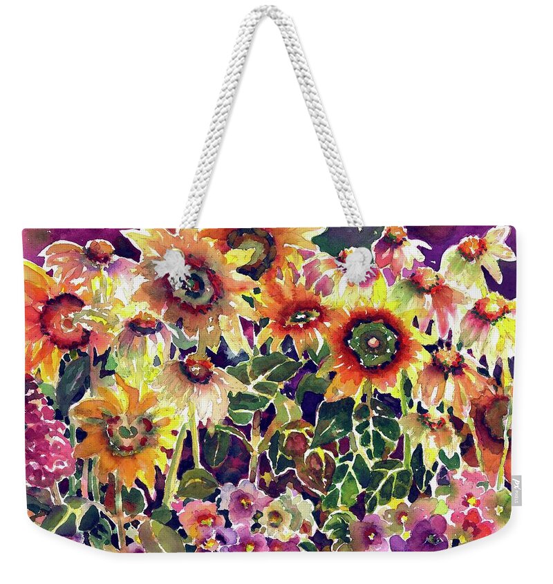 Watercolor Weekender Tote Bag featuring the painting Sunflower Garden #1 by Ann Nicholson