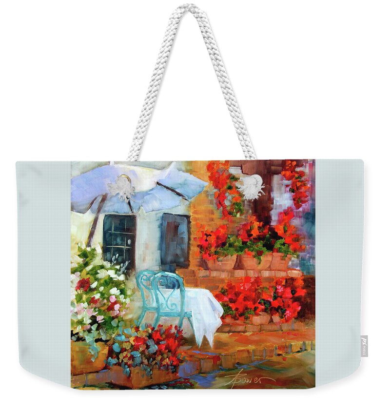 Tuscan Cafe Weekender Tote Bag featuring the painting Sunny With A Light Breeze by Adele Bower