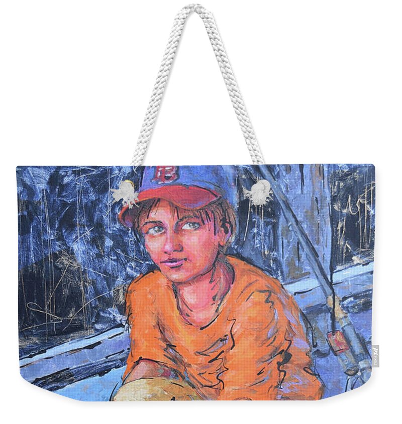 Boy Fishing Weekender Tote Bag featuring the painting The Big Catch by Jyotika Shroff