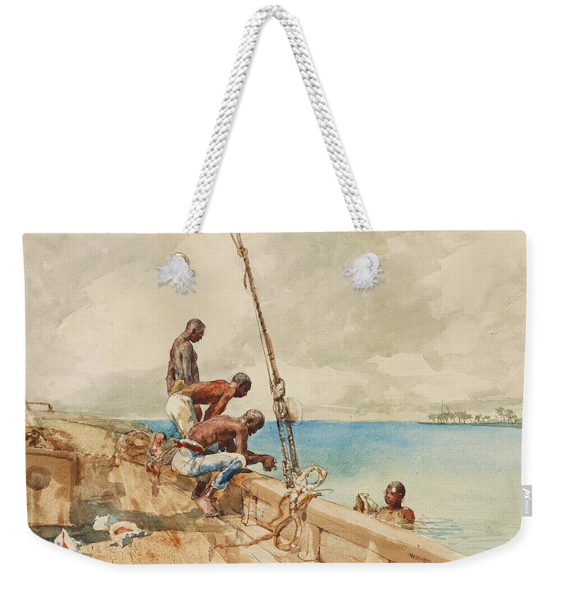Winslow Homer Weekender Tote Bag featuring the drawing The Conch Divers #2 by Winslow Homer